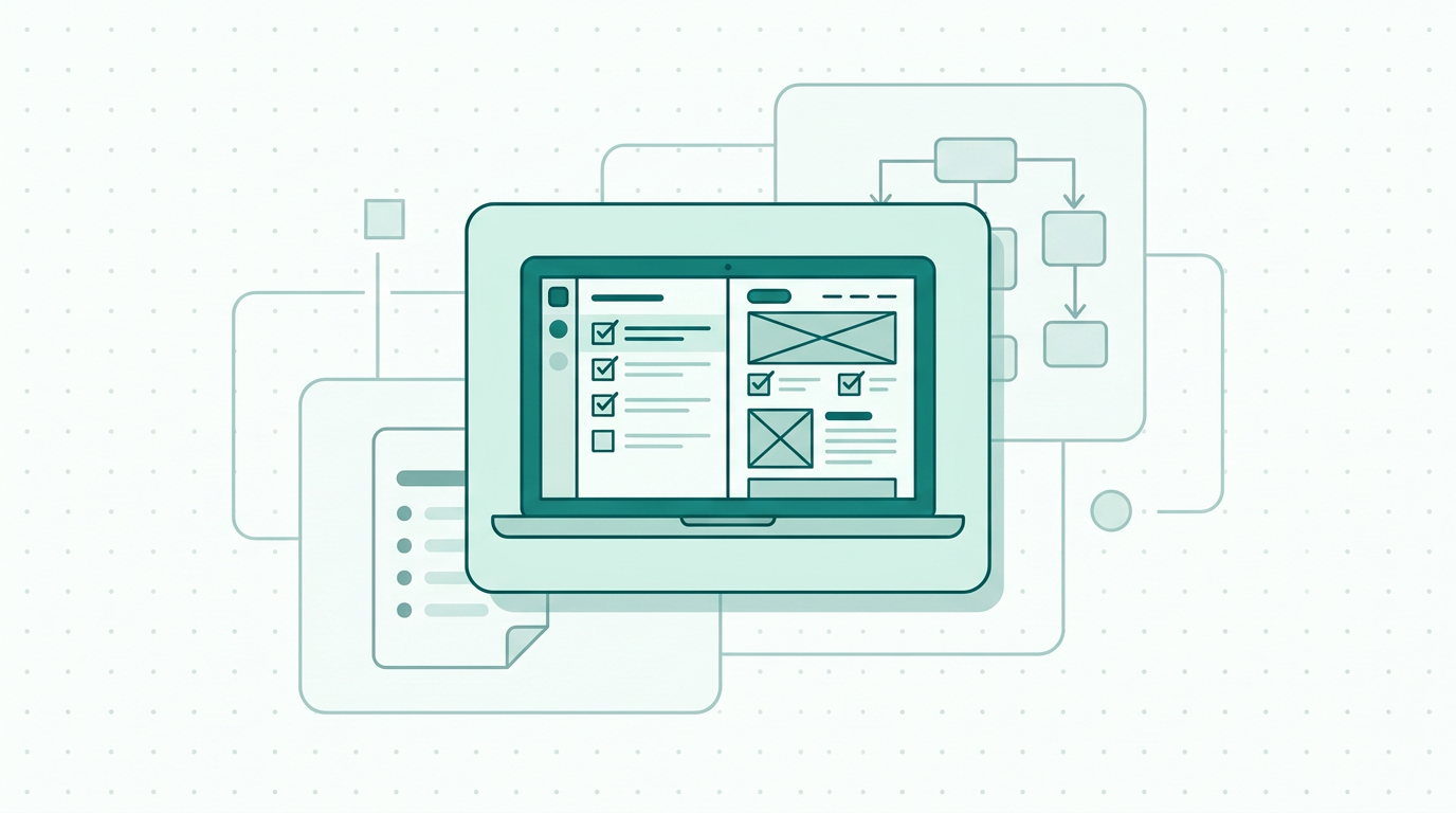 Laptop screen displaying a project management task list alongside a website wireframe for acceptance criteria examples