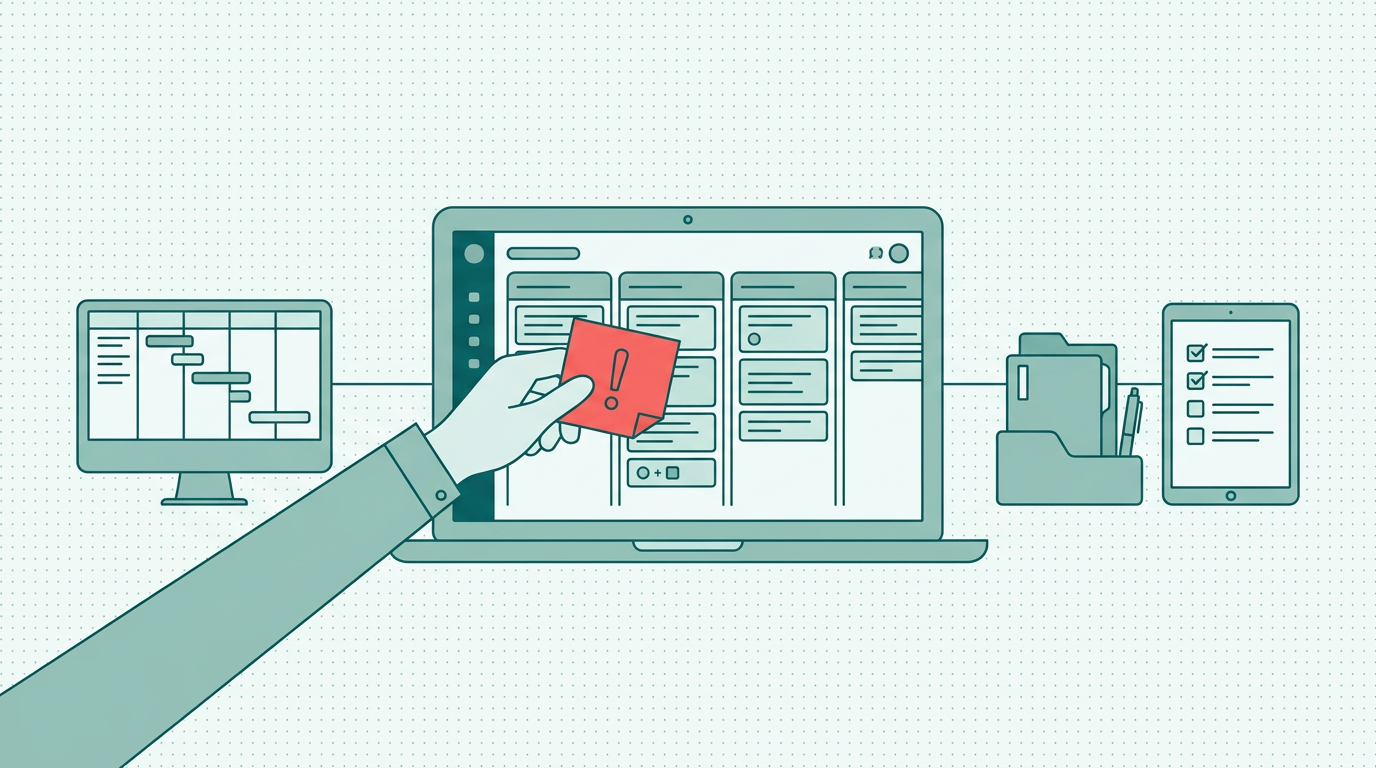 Laptop screen displaying a project timeline interrupted by a bright red urgent sticky note on a professional desk