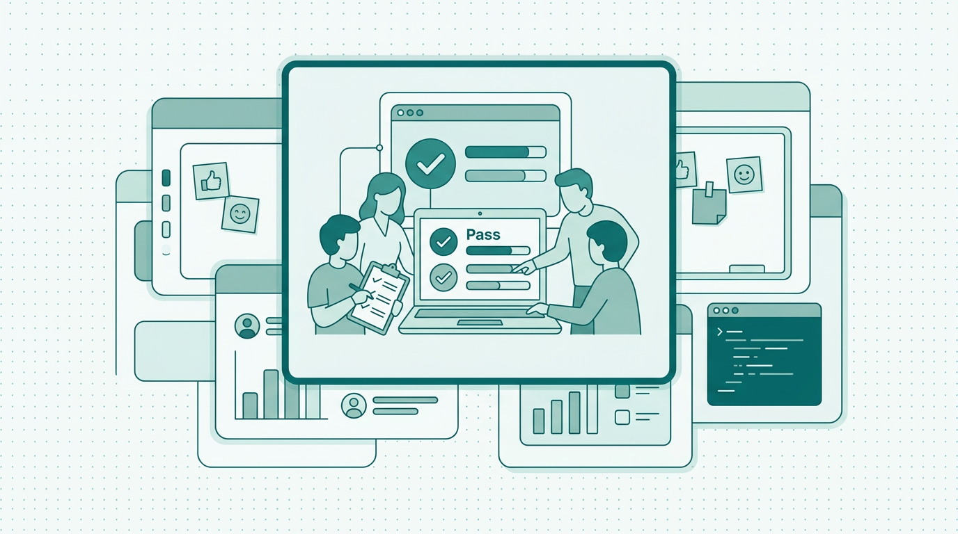 Small software team checking off a post-release verification list while reviewing live dashboard metrics together