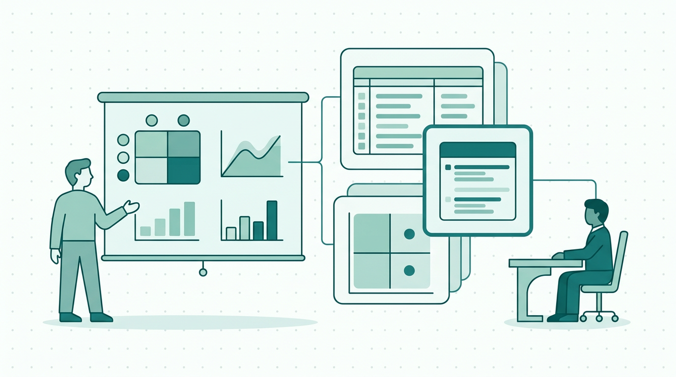 Professional presenting a color-coded project priority matrix and impact charts to an executive in a modern office