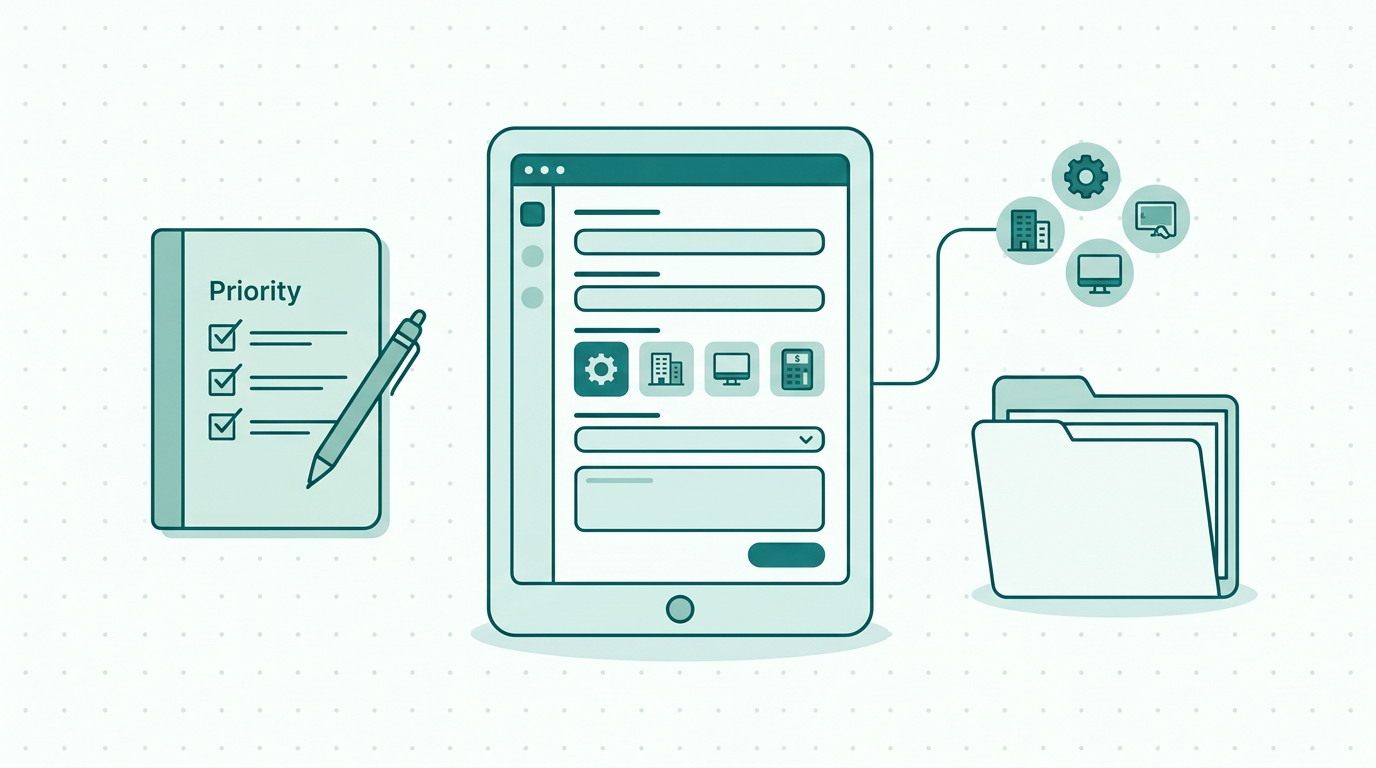 Digital request intake form template on a tablet next to a priority checklist on a bright office desk
