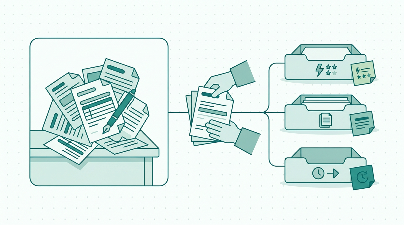 Hands sorting messy work request forms into labeled urgent, routine, and deferred trays on a desk
