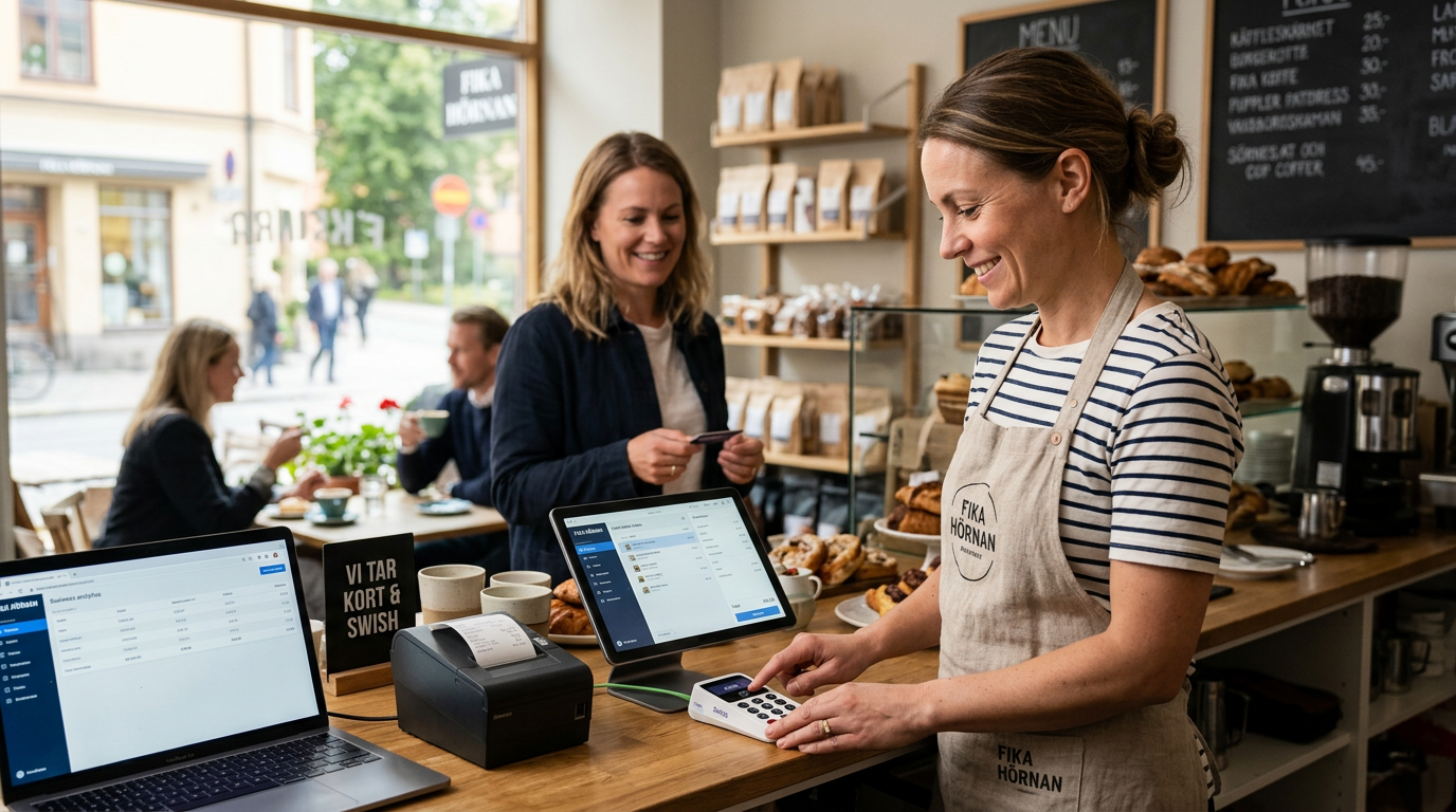 Småföretagare arbetar vid datorer, illustrerar digitalisering småföretag