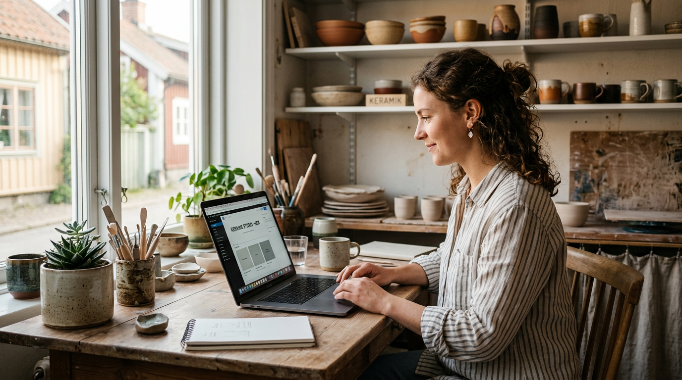 Småföretagare analyserar sin hemsida för uppdatering