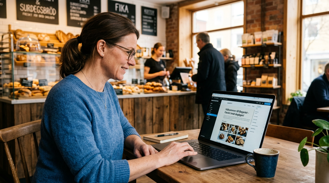 Småföretagare arbetar vid datorer för hemsida uppdatering