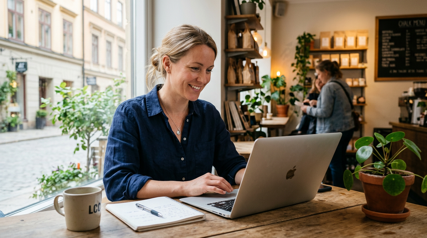 En person arbetar vid en dator med hemsida uppdatering för småföretag