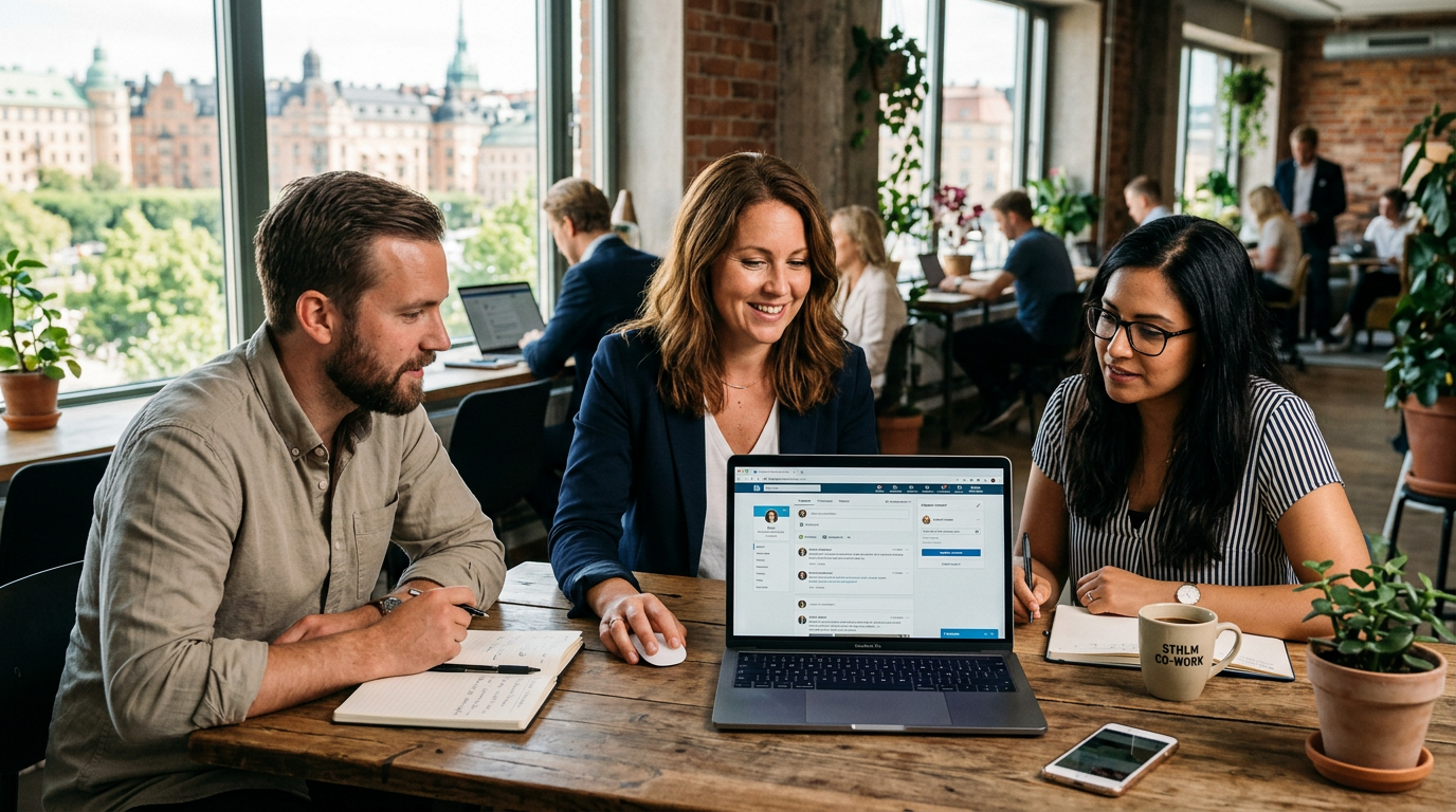 Kvinnlig entreprenör arbetar med linkedin marknadsföring för sitt småföretag