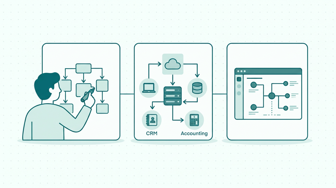 Person drawing a flowchart on a whiteboard to map data connections between CRM and accounting apps